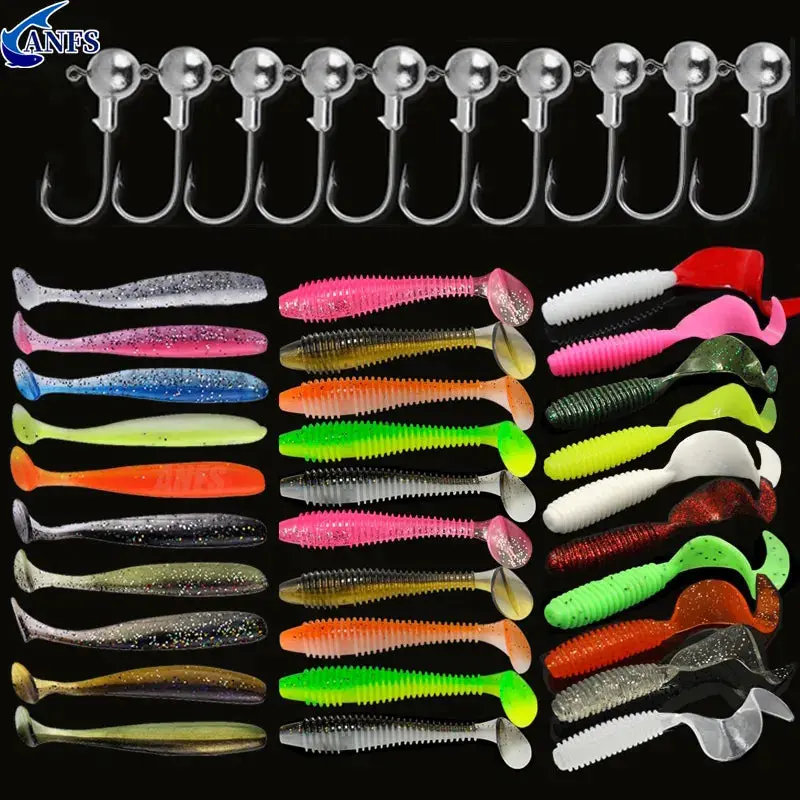 10Pcs/30Pcs Soft Plastic Grub/Shad Bait Set With Jig Hooks 1