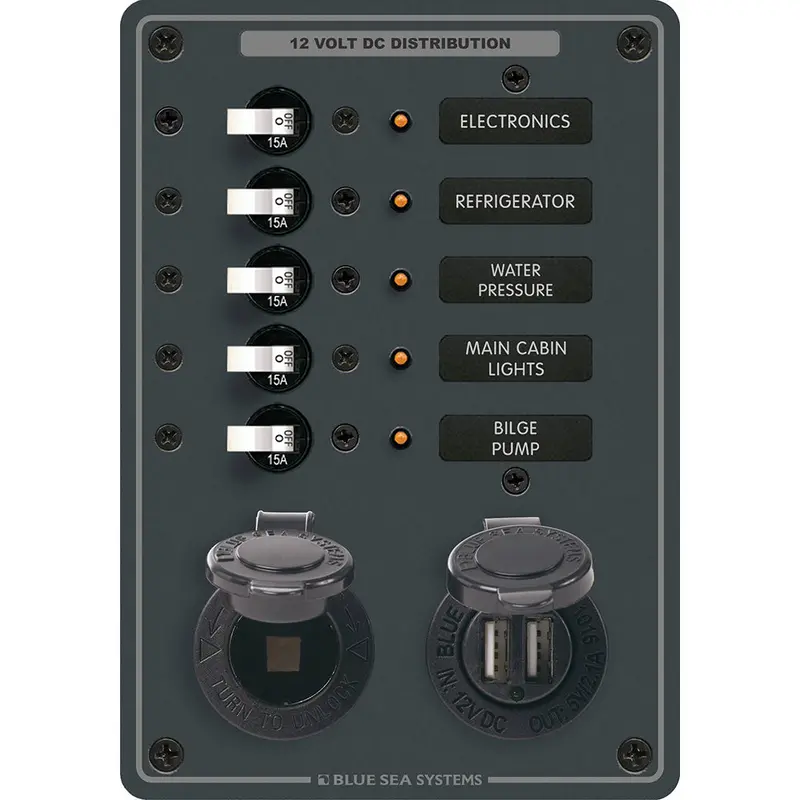 Blue Sea 8120 - 5 Position 12V Panel W/Dual Usb  12V Socket 1
