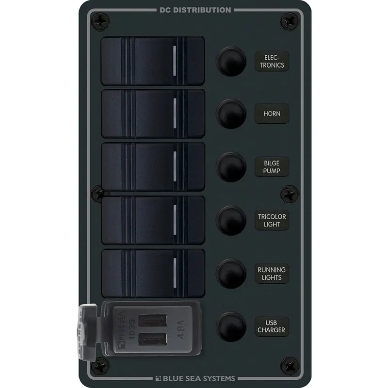 Blue Sea 8521 - 5 Position Contura Switch Panel W/Dual Usb Chargers - 12/24V Dc - Black 1